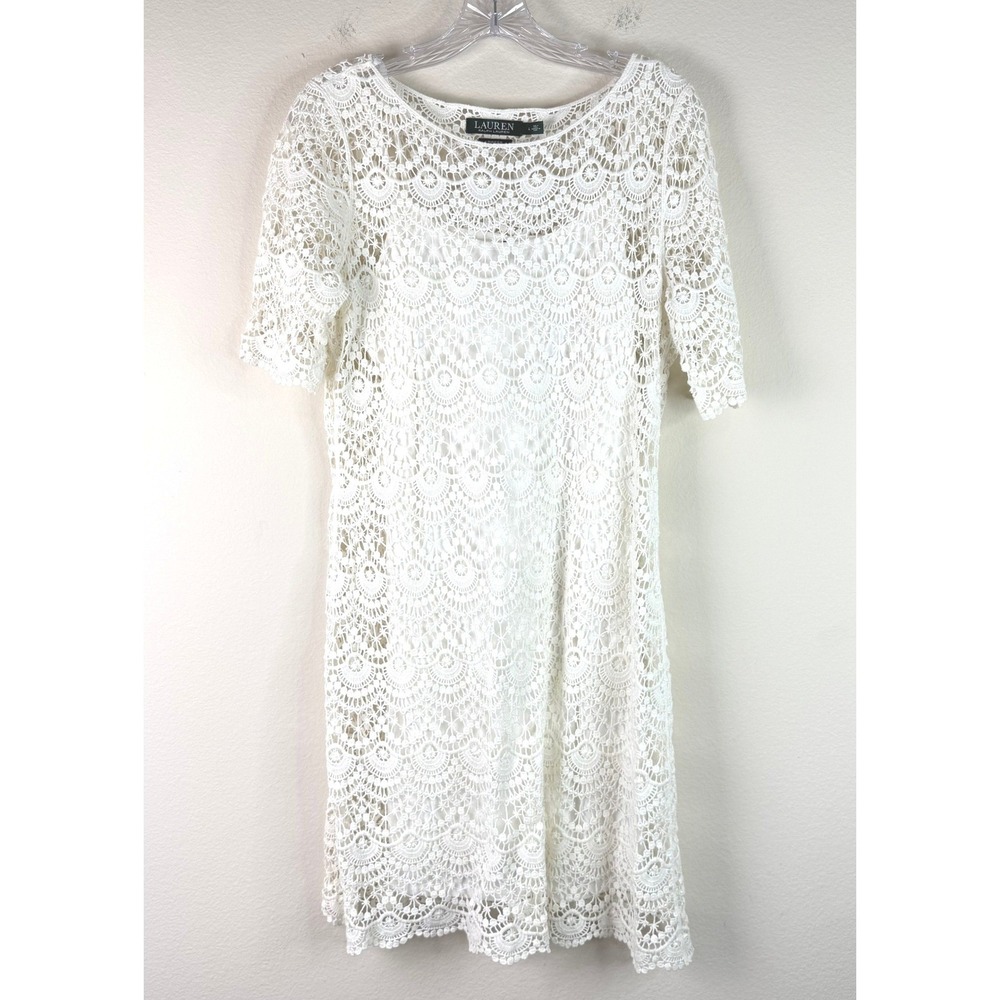 Lauren Ralph Lauren Dress Women Large White Crochet Lace Short Sleeve Shift Boho
